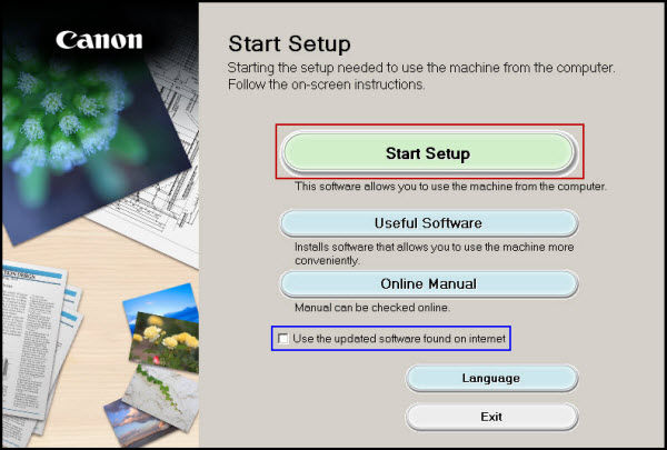 Start Setup screen with Start Setup selected from middle top